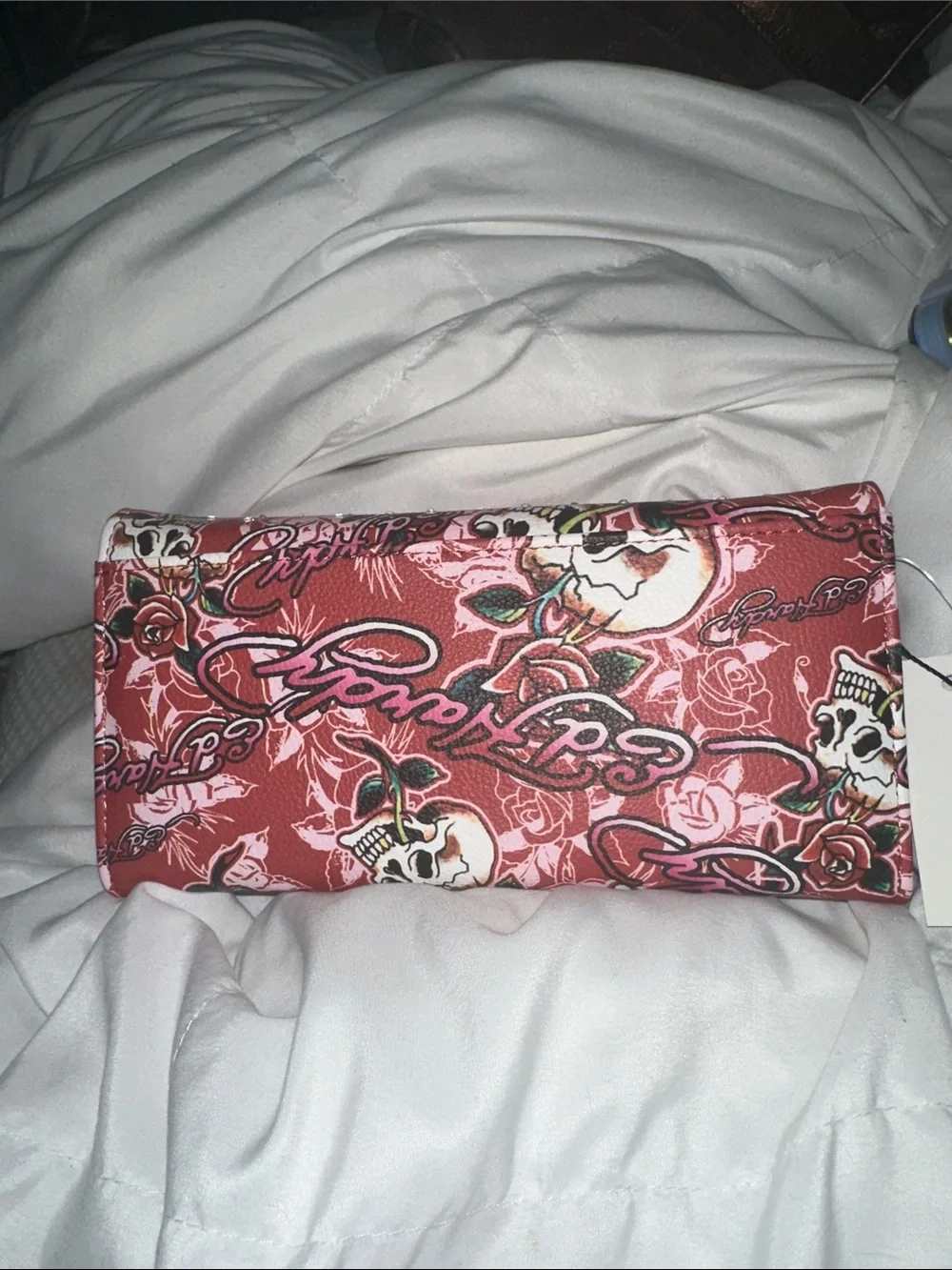NWT Ed Hardy Red Skull & Rose Graphic Wallet lots of card and pocket rhinestones